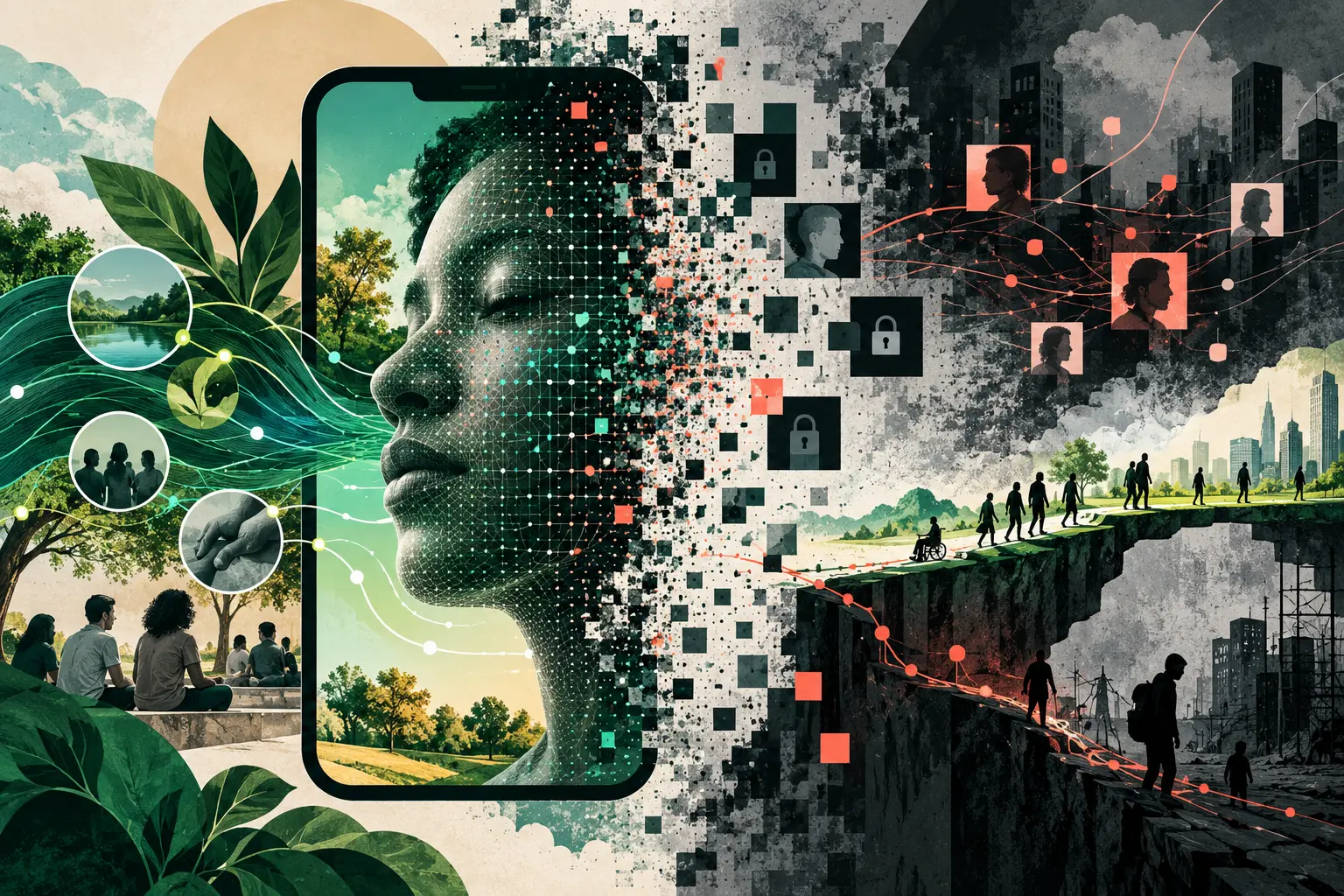 Editorial collage about technology and responsibility